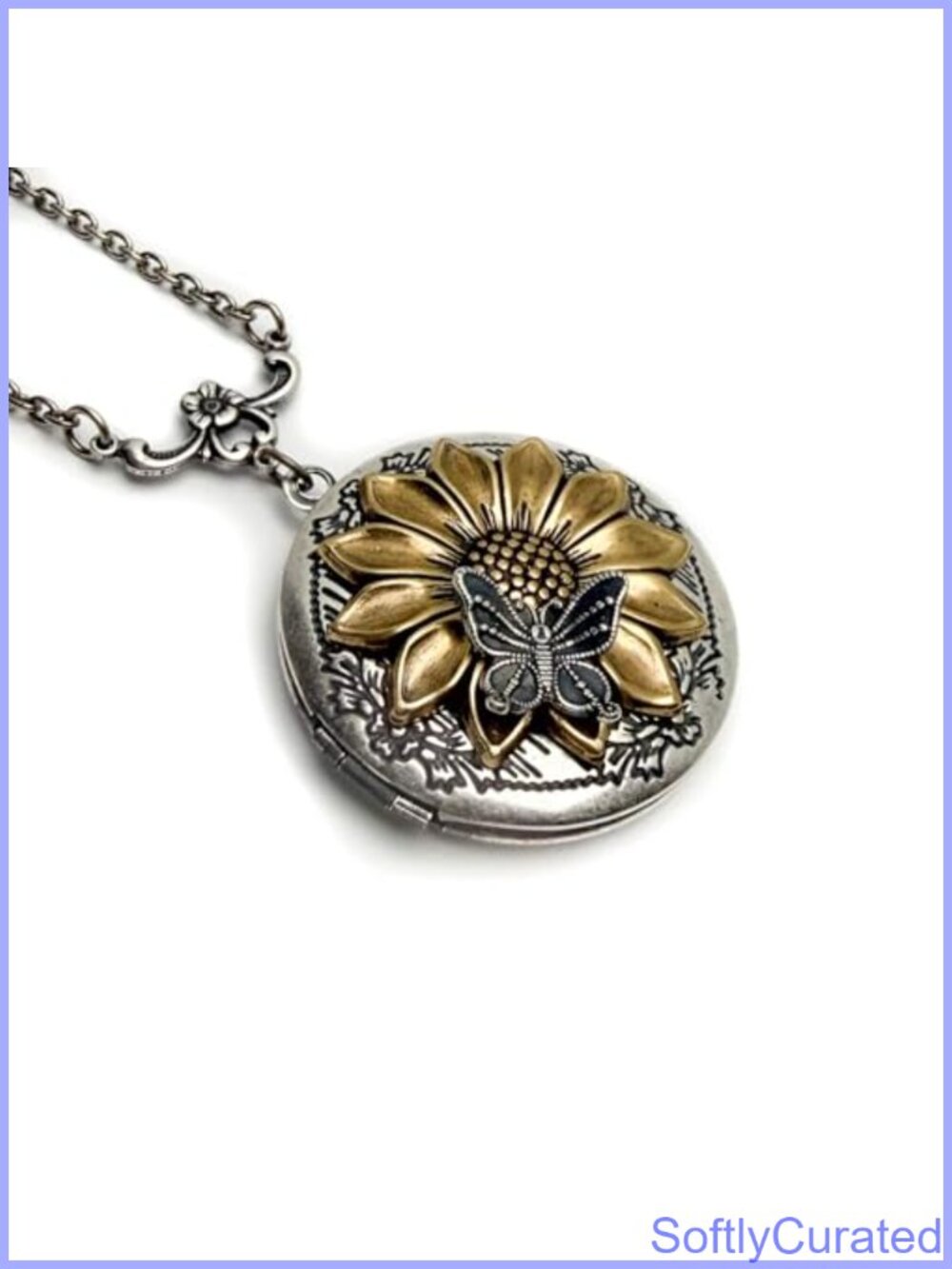 Sunflower Butterfly Locket Necklace Holds Pictures 18" Chain